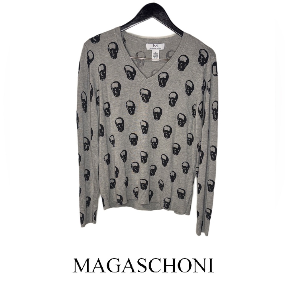 Magaschoni Gray and Black Skull V-Neck Sweater
